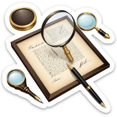 Icon for Autograph Collecting: a signed piece of paper or book page with a famous signature, surrounded by a pen, a magnifying glass, and a collection of framed autographs. Transparent background. sticker