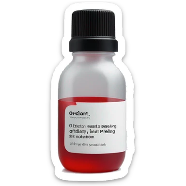 the ordinary peeling solution bottle with label and a red liquid inside sticker