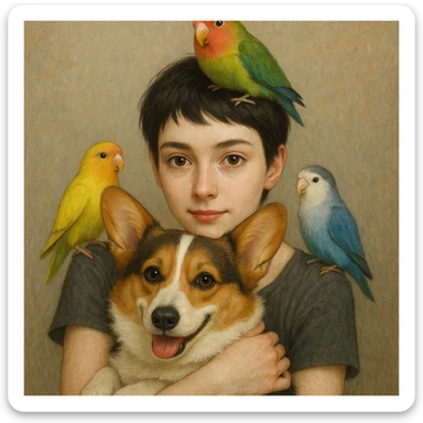 Dark short hair, dark brown eyes with pale skin and thin eyebrows girl hugging a welsh corgi. And a green-reddish lovebird on her head with yellow, blue love birds around her. sticker