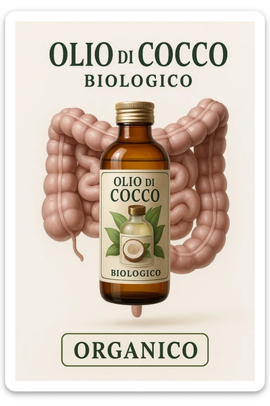 BOCCETTA DI OLIO DI COCCO BIOLOGICO (FAI UN ETICHETTA SUL PRODOTTO IN ITALIANO) CHE FLUTTUA IN ARIA DAVANTI A UN INTESTINO UMANO ANATOMICO IN PERFETTA SALUTE, SFONDO CHIARO, iperrealistico 4k sticker