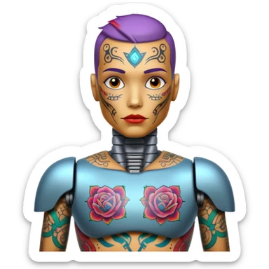 Tatooed robot, big many tatooes on chest, neck and face sticker