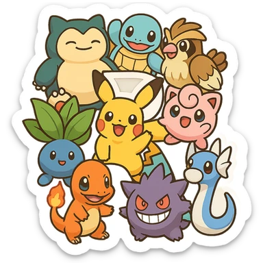 The letter R formed out of various Pokémon characters, playful and colorful style, vibrant and fun sticker