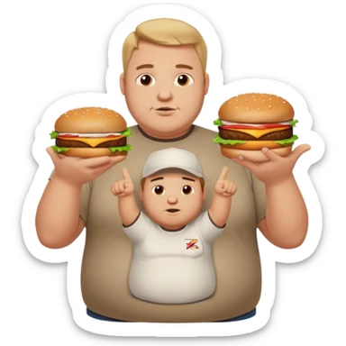 A very fat guy in an Alex Zero T-shirt, holding burgers, giving likes and dislikes, and pointing at KFC. sticker
