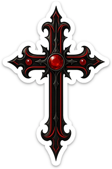 gothic style black and red cross with gemstone accents sticker