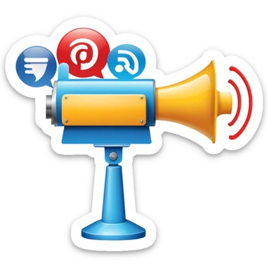 An icon featuring a megaphone, a press release, and a social media icon, symbolizing advertising and public relations. The design includes a billboard and communication network lines, representing brand promotion and media outreach. Transparent background highlights the power of communication. sticker