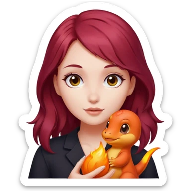Beautiful burgundy haired girl holding charmander sticker