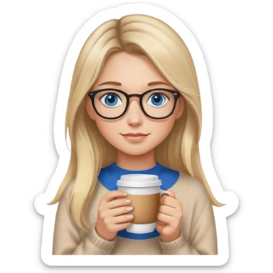 Blonde balayage long hair white women beige sweater blue eyes and small glasses holding coffee sticker