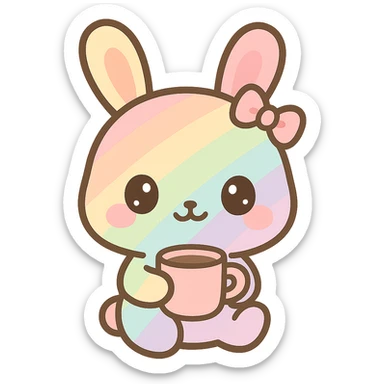 rainbow-hued stitched cartoon bunny girl sipping coffee, big eyes, sweet expression sticker