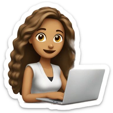 mujer con pelo cafe largo con lapto sticker