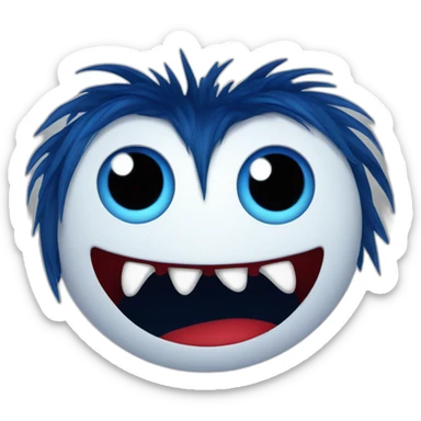 fuzzy creepy smile creature with sharp teeth dark blue hair red lips sticker