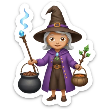 A grandma walking with a magic wand and a cauldron while holding a can of beans sticker