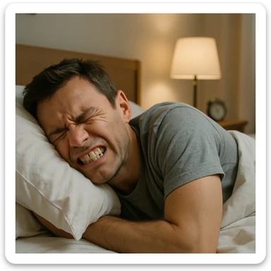 realistic man gritting teeth while sleeping, tense expression even during sleep, clear and informative atmosphere sticker