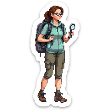 Very happy excited woman in her 40s with glasses wearing sporty outfit, hiking boots, and backpack, holding a magnifying glass sticker