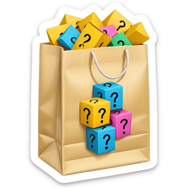 White bag with yellow questions mark cube boxes stuffed in it sticker