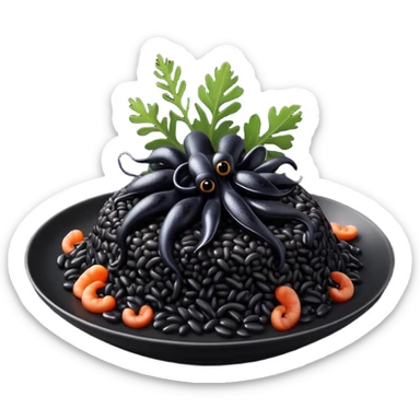 cinematic-realistic-black-risotto-dish-emoji,-showcasing-small black squid pieces-rendered-with-bold-textures-and-dynamic,-dramatic-lighting. sticker