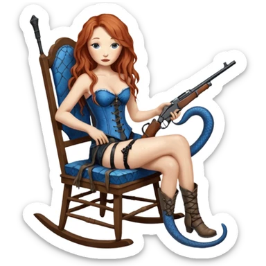realistic cinematic Tori Amos sits on a rocking chair in a torn corset, holding an antique rifle and her bare feet are muddy. A blue snake is wrapped around the chair. sticker