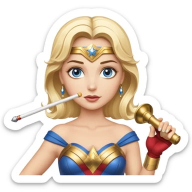 Blonde blue eyed Wonder Woman holding white orchestra conductor’s baton and bell sticker