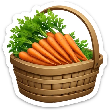 Cinematic vibrant orange carrot, crisp and fresh, slightly twisted with green leafy tops, arranged in a rustic wooden basket, natural and inviting. sticker