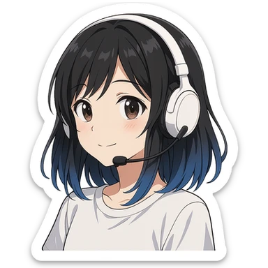 Create more variations of a girl with medium black hair with blue tips wearing a white headset, in anime style, with a transparent background. sticker
