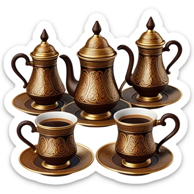 Turkish Coffee Set – Cinematic Realistic Turkish Coffee Set, depicted as an elegantly arranged ensemble of ornate coffee cups and a traditional cezve pot, adorned with intricate patterns and rich, warm colors, rendered with detailed textures and soft ambient lighting that captures its cultural heritage. sticker