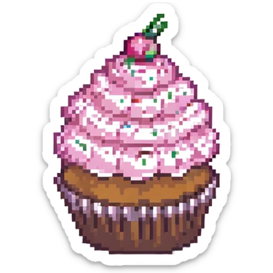pixel art cupcake with pink icing, pink sprinkles sticker