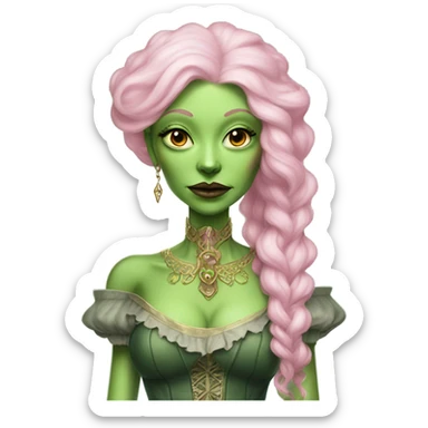 a green amazon alien woman in Victorian white gold pink hair full body  sticker