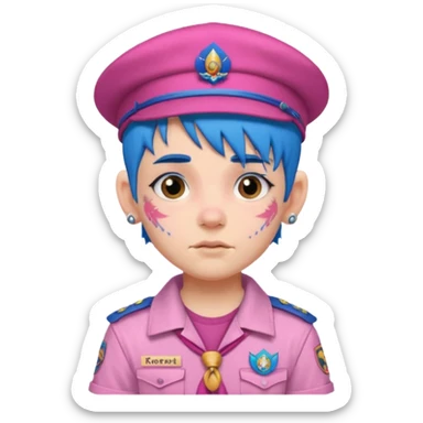 scout boy with very pink scout uniform, blue haired and hat, heavy face attoed sticker