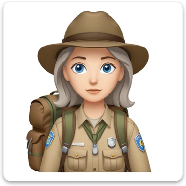 white woman park ranger with blue eyes, brown and gray hair, wearing a backpack, standing in a nature background sticker