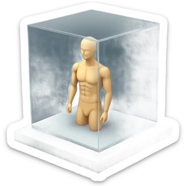 male mannequin abs cubes inside a glass cube on a stand isometric view sticker