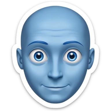 a character with blue skin and a huge forehead - twice the size of the face, the shape of the head is like a rounded inverted triangle. He has a smooth bald head. a sly, intelligent smile. Close-up. Blue eyes sticker