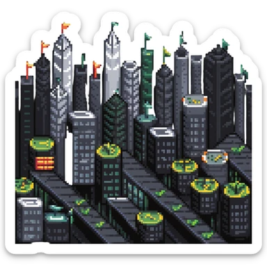 cityscape with economic symbols like upward arrows, coins, and buildings sticker