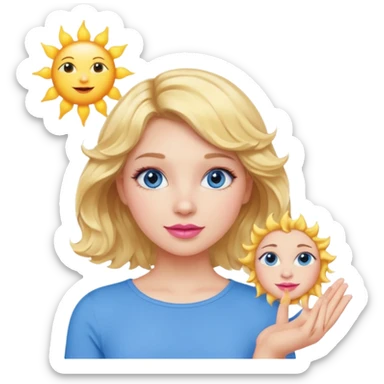 Girl Blonde short wavy hair,  blue eyes, cute blue top, long lashes, pink lips, holding the sun   sticker