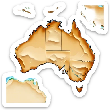 Cinematic-realistic outline of Australia, featuring its distinct landmass with accurately defined coastlines. The deep blue ocean surrounds the golden-brown continent, with subtle topographic shading to highlight its terrain. A soft glowing effect enhances the edges, making the shape stand out against a neutral, textured background. sticker