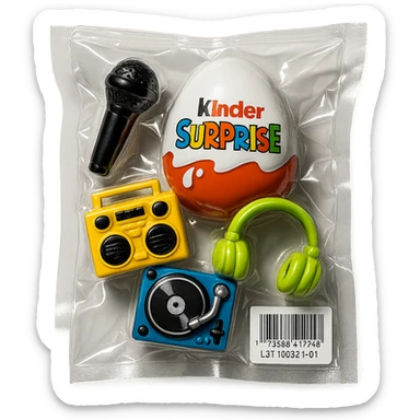 Kinder Surprise egg opened, showing toys including microphone, boombox, headphones, DJ turntable, shiny and inflated vacuum-sealed style sticker
