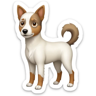 a full body large white parson russell looking dog the size of a kelpie with light brown flapped down ears and a light brown patch on one eye and a large snout sticker
