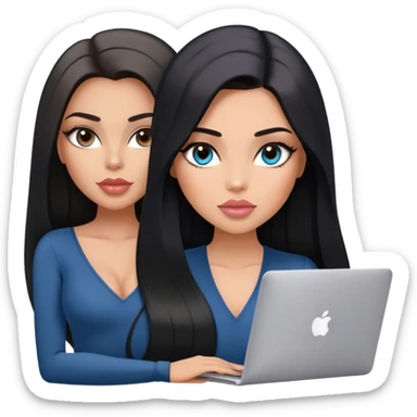 Glamours, tanned, very beautiful girl, with big pump peach-beige-rose lips, long lashes, black straight smooth silky long hair, straight parting hair, blue-grey eyes, in v-neck bodysuit holding MacBook sticker