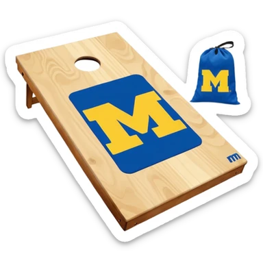 Cornhole board blue and yellow with Michigan “M” With a  cornhole bag sticker
