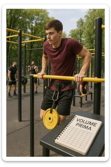 Atleta neofita giovane in un parco attrezzato per streetlifting, fisico ancora in fase iniziale. È intento a eseguire molte ripetizioni di esercizi a corpo libero con pesi leggeri (zavorra moderata), come trazioni e dip su parallele. Accanto a lui un taccuino di allenamento con la scritta 'Volume Prima'. L’atmosfera è luminosa e motivante, con altri atleti più muscolosi che sollevano carichi pesanti, ma lui è concentrato sul gesto tecnico e sulla costanza. Stile realistico, colori naturali, messaggio educativo su priorità all’adattamento progressivo e al volume. sticker