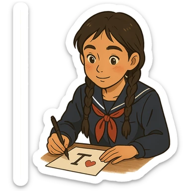 Kazakh girl in Korean school uniform, drawing a T with a heart on paper in ghibli style sticker