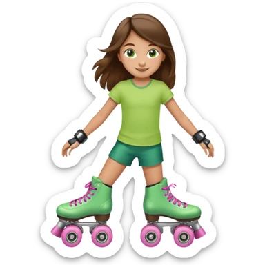 an 8 year old girl with green eyes and long brown hair. smiling. skating on quad style roller skates with white boot. sticker
