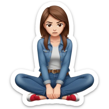 angry woman with brown hair sitting in profile on a floor hugging her knees in jeans avoiding conversation  sticker