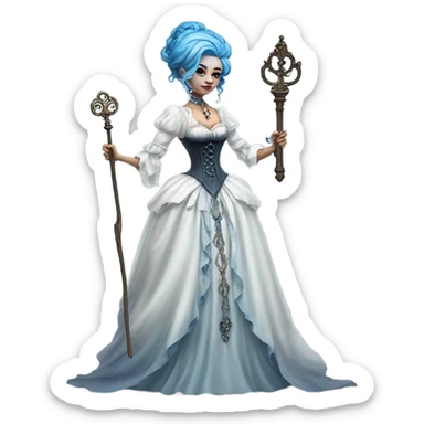 blue witch woman login holding a big key in white victorian dress, full body sticker