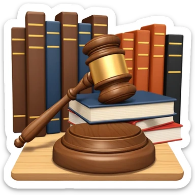 A 3D cartoon judge’s gavel resting on a block beside law books, warm wooden background, realistic Memoji-style rendering. sticker