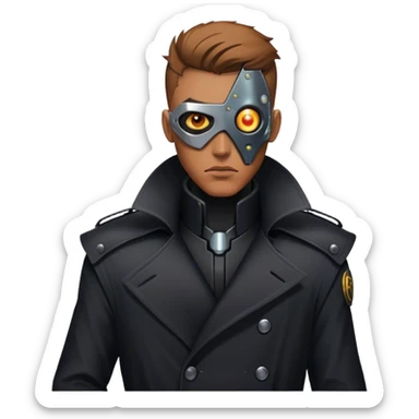 A dystopian bounty hunter, black trench coat, cybernetic eye glowing sticker