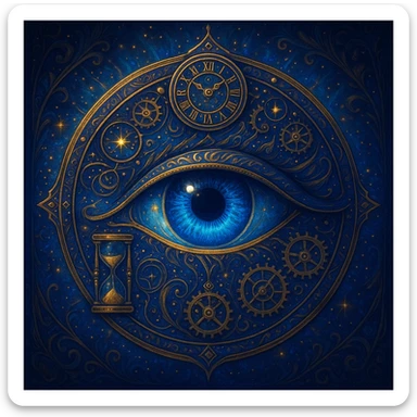 the Eye of Chronos, a mystical eye symbol with ancient, time-related motifs, intricate details, glowing elements, and a sense of power and mystery sticker