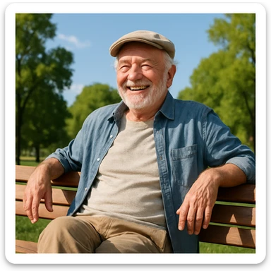 old man enjoying retirement, cheerful, casual clothes, sitting on a bench, outdoors, sunny day sticker