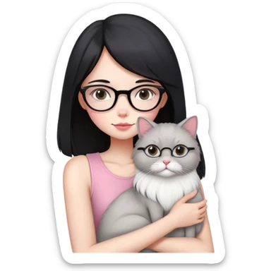 Skinny woman with oval glasses, long straight black hair, pink cheek blush, wearing white sleeveless top, hugging a grey Persian-Angora cat, plain background sticker