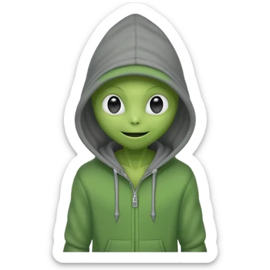 happy green alien in gray hoodie full height, wear hoodie hat sticker