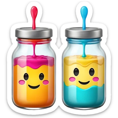 two small glass jars with metal lids filled with colorful purée no label or extras soft lighting subtle shadows emoji scale sticker
