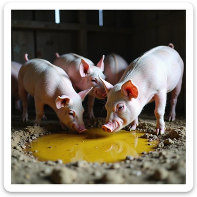 group of pigs in a barn, one approaching and drinking from a yellow puddle near feces, traditional farming atmosphere, realistic details, 4K quality sticker
